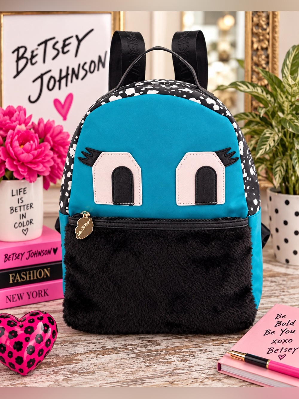 Betsey Johnson Razzy Tazzy Monster Blue Black Backpack Novelty Eyelash Bag 14”